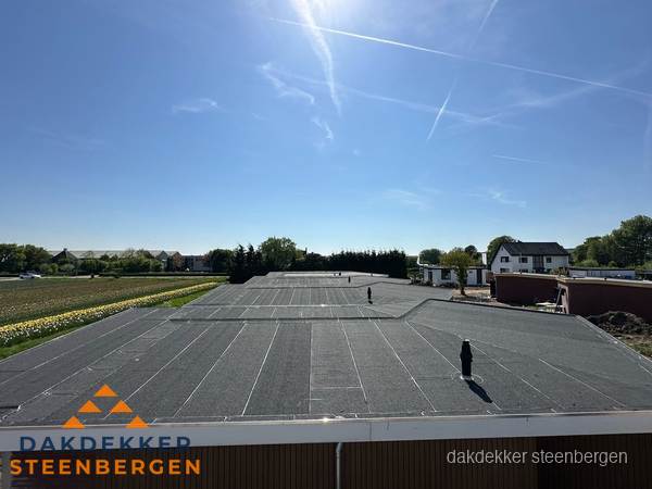 Groot plat dak met bitumen dakbedekking op bedrijfspand in Steenbergen Groot plat dak met bitumen dakbedekking op bedrijfspand in Steenbergen